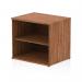 The photo shows a sleek and modern desk high bookcase in walnut finish. The dynamic low design adds a stylish touch to any space. With a depth of 600mm, this bookcase provides ample storage space for books, folders, and other items.