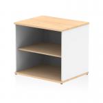 A picture of dynamic low bookcases Impulse 600mm deep desk high bookcase in maple and white shows a sleek and modern design with clean lines and contrasting colors. The bookcase has multiple shelves to store books, decor, or office supplies, bringing organization and style to any space.