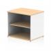 A picture of dynamic low bookcases Impulse 600mm deep desk high bookcase in maple and white shows a sleek and modern design with clean lines and contrasting colors. The bookcase has multiple shelves to store books, decor, or office supplies, bringing organization and style to any space.