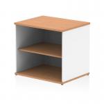 The image shows a stylish and modern dynamic low bookcase, the Impulse 600mm Deep Desk High Bookcase in the elegant oak and white color combination. It features a sleek and streamlined design with multiple shelves for efficient storage.