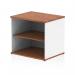 The photo shows dynamic low bookcases, measuring 600mm deep, with an Impulse desk high bookcase in a sleek walnut and white finish. The bookcases are modern and stylish, with adjustable shelves for flexible storage.