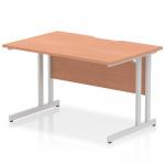 The image shows a dynamic rectangular office desk with a scalloped edge. It features a beech top and silver cantilever leg. The desk has a size of 1200 x 800mm and is designed for a modern and professional look.