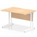The picture shows a modern and sleek dynamic rectangle desk with a scalloped edge in a Maple finish and white cantilever leg. The desk measures 1200 x 800mm and is perfect for any office space. The design is both functional and stylish, making it a great addition to any workspace. The clean lines and smooth surface create a professional and organized look.