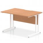The photo features a sleek and modern office desk with a scalloped edge, oak top, and white cantilever leg. Its dynamic rectangular shape adds a touch of sophistication to any workspace.
