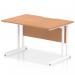 The photo features a sleek and modern office desk with a scalloped edge, oak top, and white cantilever leg. Its dynamic rectangular shape adds a touch of sophistication to any workspace.