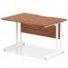This photo features a sleek and modern dynamic rectangle desk with a walnut top and white cantilever legs. The scalloped edge adds a unique touch, while the size of 1200 x 800mm provides ample workspace.