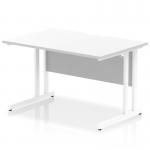 The image shows a white rectangular office desk with a scalloped edge, measuring 1200 x 800mm. It is supported by a white cantilever leg, giving it a modern and dynamic appearance.