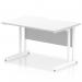 The image shows a white rectangular office desk with a scalloped edge, measuring 1200 x 800mm. It is supported by a white cantilever leg, giving it a modern and dynamic appearance.