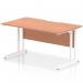 The Dynamic Rectangle Desks Impulse measure 1400 x 800mm and feature a scalloped edge for added style. The top is a warm beech color and is supported by sleek cantilever legs in white. This office desk is perfect for a modern and efficient workspace.