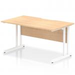 This photograph showcases a modern office desk with a dynamic rectangular shape. The scalloped edge adds a unique touch, while the maple top pairs perfectly with the white cantilever leg. Ideal for any work environment.