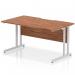 A sleek and modern rectangular office desk, measuring 1400 x 800mm, with a scalloped edge and a walnut top. It is supported by silver cantilever legs, adding a touch of elegance to the overall design. Perfect for any dynamic workspace.