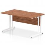 This image shows a sleek and modern office desk with a walnut top and white cantilever legs. The scalloped edge adds an interesting design feature to the 1400 x 800mm rectangle shape. Perfect for a dynamic and efficient workspace.