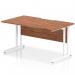 This image shows a sleek and modern office desk with a walnut top and white cantilever legs. The scalloped edge adds an interesting design feature to the 1400 x 800mm rectangle shape. Perfect for a dynamic and efficient workspace.