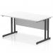 This photo captures a sleek and modern dynamic rectangle desk, measuring 1400 x 800mm and featuring a scalloped edge. The top is a clean white color, contrasted by the black cantilever leg. This office desk exudes a professional and stylish aesthetic.