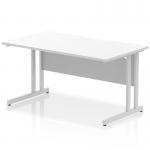 The photograph shows a sleek and modern rectangular desk, measuring 1400 x 800mm. Its scalloped edge and white top create a clean and professional look. The desk is supported by silver cantilever legs, adding to its contemporary design.