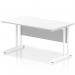 This picture displays a sleek and modern dynamic rectangle desk with a scalloped edge. It showcases a white top and white cantilever leg for a clean and professional look. The desk measures 1400 x 800mm and is perfect for any straight office set up.