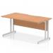 This picture shows a sleek and modern office desk with a scalloped edge and durable oak top. It features a silver cantilever leg for stability and a dynamic rectangle shape. The Impulse 1600 x 800mm desk is perfect for any office or workspace.