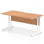 The image shows a dynamic and modern rectangle desk from the Impulse series. It measures 1600 x 800mm and features a distinctive scalloped edge design. The top is made of oak and the cantilever leg is white. This desk is perfect for any office setting.