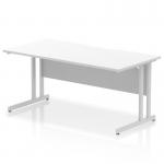 The photo features an Impulse 1600 x 800mm straight office desk with a scalloped edge and a white top supported by a silver cantilever leg. The dynamic rectangle desk appears modern and versatile, with ample space for working and a sleek, contemporary design.