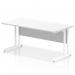 This photograph features a dynamic rectangle desk with a scalloped edge and a white top. The cantilever leg is also white and adds to the sleek and modern design. The desk measures 1600 x 800mm and would make a great addition to any office.