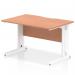 This photo showcases a spacious, modern desk with a beech top and white cable managed legs. The scalloped edge adds a touch of elegance to the design, while the dynamic cable management system keeps wires neat and organized. Perfect for any office space.