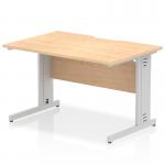 This picture features a dynamic cable managed desk, measuring 1200x800mm and designed with a scalloped edge. The maple top and silver cable managed leg provide a sleek and modern look, making it the perfect addition to any office space.