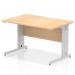 This picture features a dynamic cable managed desk, measuring 1200x800mm and designed with a scalloped edge. The maple top and silver cable managed leg provide a sleek and modern look, making it the perfect addition to any office space.