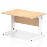 The image shows a sleek and modern office desk with a maple top and white cable managed leg. The scalloped edge adds an elegant touch to the 1200 x 800mm desk. The cables are neatly organized and managed, creating a clean and organized workspace. Perfect for a dynamic and efficient office setting.