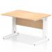 The image shows a sleek and modern office desk with a maple top and white cable managed leg. The scalloped edge adds an elegant touch to the 1200 x 800mm desk. The cables are neatly organized and managed, creating a clean and organized workspace. Perfect for a dynamic and efficient office setting.