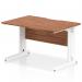 In the photograph, a sleek and modern 1200 x 800mm walnut-top office desk is shown, with a scalloped edge for added style. The white cable-managed leg provides a clean and organized look, perfect for any dynamic workspace.