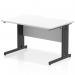 The desk features a sleek, white top with a scalloped edge design. The black cable managed legs provide a streamlined look while keeping cords organized. The 1200 x 800mm size offers ample workspace, perfect for any modern office.