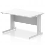 This image features a modern and sleek white office desk measuring 1200 x 800mm. The desk has a scalloped edge and a silver cable managed leg for a clean and organized workspace.