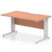 The picture shows a sleek, modern office desk with a beech wood top and silver cable managed legs. The scalloped edge adds a touch of elegance, while the dynamic design allows for efficient cable management.