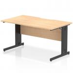 This photo shows a dynamic and modern cable managed desk, measuring 1400 x 800mm. The desk features a scalloped edge and a maple top, paired with black cable managed legs. This sleek design promotes a tidy and organized workspace.