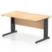 This photo shows a dynamic and modern cable managed desk, measuring 1400 x 800mm. The desk features a scalloped edge and a maple top, paired with black cable managed legs. This sleek design promotes a tidy and organized workspace.