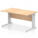 This photo shows a dynamic cable managed desk, measuring 1400 x 800mm, with a scalloped edge and a maple top. The silver cable managed leg adds a modern touch to the design.