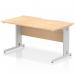 This photo shows a dynamic cable managed desk, measuring 1400 x 800mm, with a scalloped edge and a maple top. The silver cable managed leg adds a modern touch to the design.