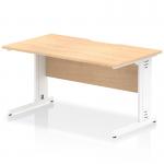This picture features a sleek Dynamic Cable Managed Desk measuring 1400 x 800mm with a scalloped edge. The straight office desk has a maple top and white cable managed leg, creating a clean and organized workspace.