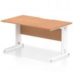 The photograph shows a sleek and modern Dynamic Cable Managed Desk, with dimensions of 1400 x 800mm. It features a scalloped edge and a straight design, with an oak top and white cable managed leg. The desk is perfect for any office setting.