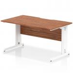 This photo features a modern office desk with a walnut top and white cable managed legs. The desk measures 1400 x 800mm and has a scalloped edge design for a sleek look. The cables are neatly organized and managed for a clutter-free workspace.