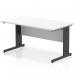 The dynamic cable managed desk has a sleek white top and a scalloped edge for a modern look. The black cable managed leg helps keep wires organized and out of sight. This 1400 x 800mm office desk is straight and spacious, perfect for any workspace.