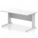 This picture features a sleek and modern office desk with a scalloped edge, white top, and silver cable managed leg. The dynamic cable management system keeps cords organized, making this desk perfect for any workspace.