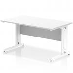 This sleek office desk features a white top with a scalloped edge and white cable managed legs. The 1400 x 800mm size and dynamic design make it a great addition to any modern workspace.