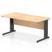 This image shows a modern office desk with a scalloped edge and a black cable managed leg. The desk is 1600 x 800mm and has a maple top. It is part of the Dynamic Cable Managed Desks Impulse collection.