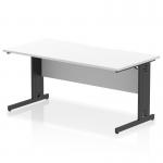 The photo shows a modern and sleek Dynamic Cable Managed Desk. The desk has a scalloped edge and a white top, while the cable management leg is black. It measures 1600 x 800mm, making it perfect for any office setting.