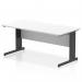 The photo shows a modern and sleek Dynamic Cable Managed Desk. The desk has a scalloped edge and a white top, while the cable management leg is black. It measures 1600 x 800mm, making it perfect for any office setting.