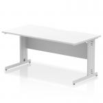 The photograph shows a sleek and modern dynamic cable managed desk from Impulse, measuring 1600 x 800mm. It features a scalloped edge and a white top for a clean and professional look. The silver cable managed leg adds functionality and style to this office desk.