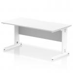 This picture features a modern office desk with a scalloped edge design and a white top. The desk is 1600 x 800mm and has cable management capabilities. The legs are also white and have built-in cable management, creating a sleek and organized workspace.