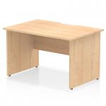 This photo features a dynamic panel end desk from the Impulse collection, measuring 1200 x 800mm. It boasts a scalloped edge and a maple top, with sturdy panel end legs for support. The sleek design creates a professional and modern look in any office space.