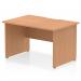 This photograph shows a stylish and modern office desk, with a scalloped edge and oak top. The panel end legs provide stability, and the size of 1200 x 800mm is perfect for any workspace. The dynamic panel design adds a touch of sophistication to this straight desk.